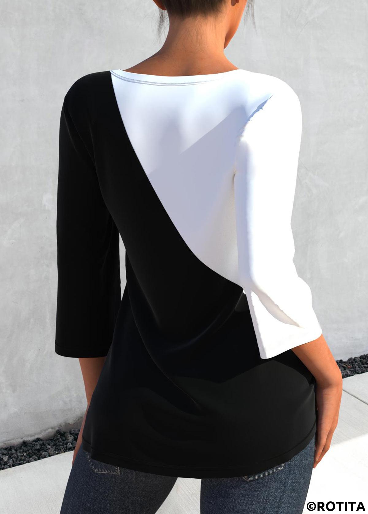 Black tops,Contrast Color tops,ROTITA Contrast 3/4 Sleeve Round Neck Black T Shirt