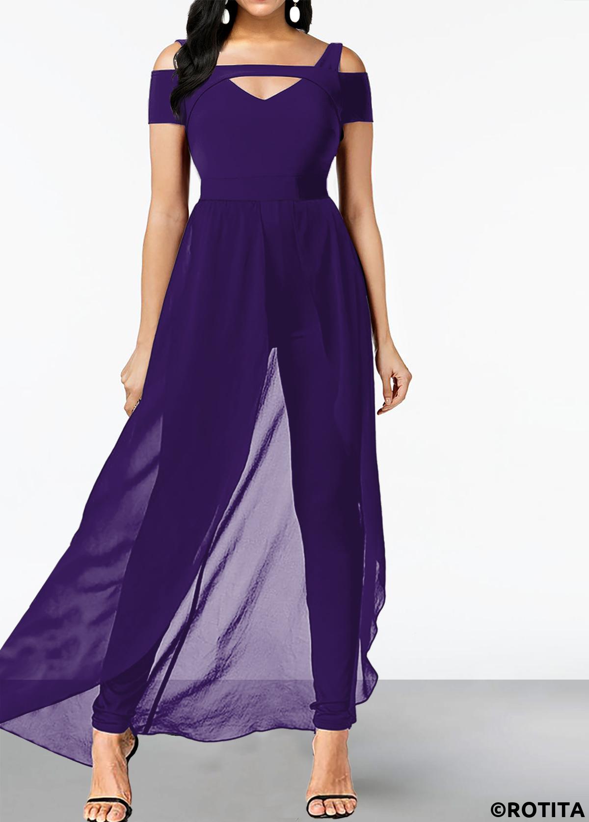 Purple jumpsuits&rompers,Plain Color jumpsuits&rompers,ROTITA Asymmetry Purple Ankle Length Skinny Off Shoulder Jumpsuit