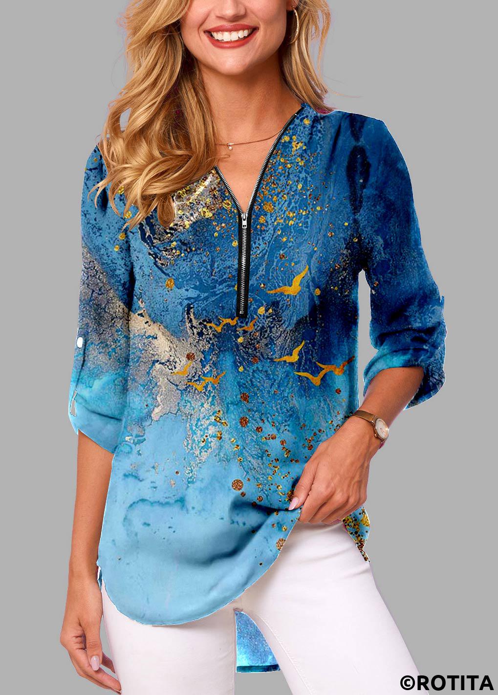ROTITA Zipper Ombre Blue V Neck Long Sleeve Blouse