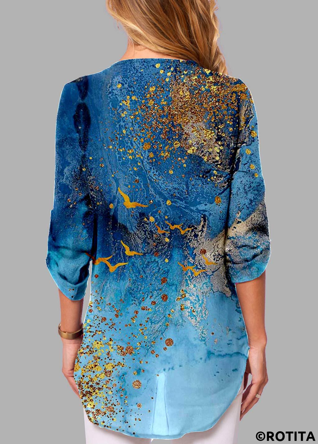 ROTITA Zipper Ombre Blue V Neck Long Sleeve Blouse
