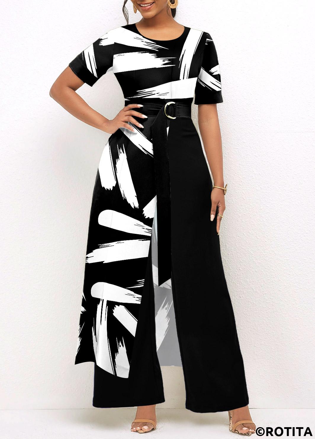Black jumpsuits&rompers,Graphic jumpsuits&rompers,ROTITA Pocket Brush Stroke Print Belted Black Jumpsuit