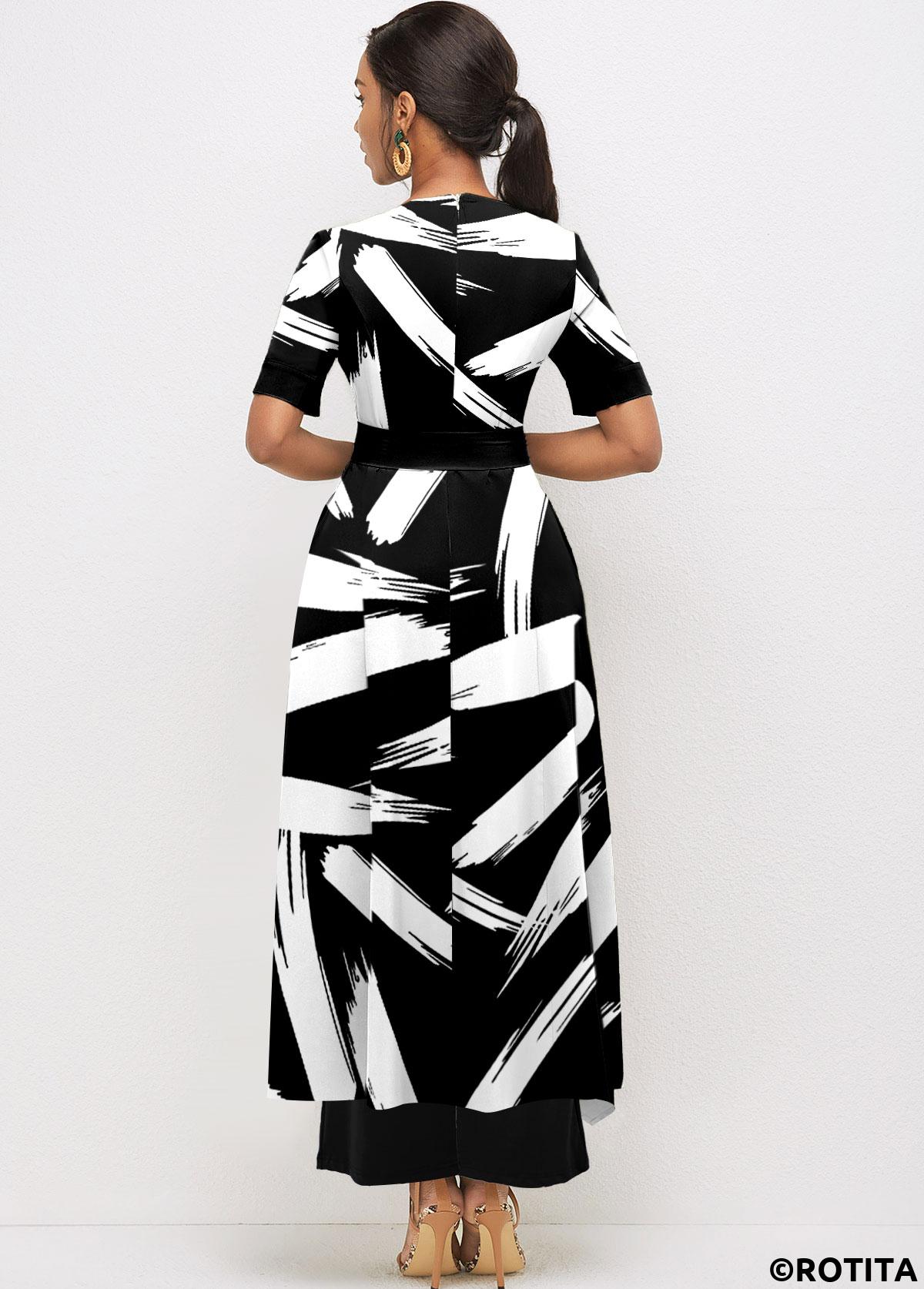 Black jumpsuits&rompers,Graphic jumpsuits&rompers,ROTITA Pocket Brush Stroke Print Belted Black Jumpsuit