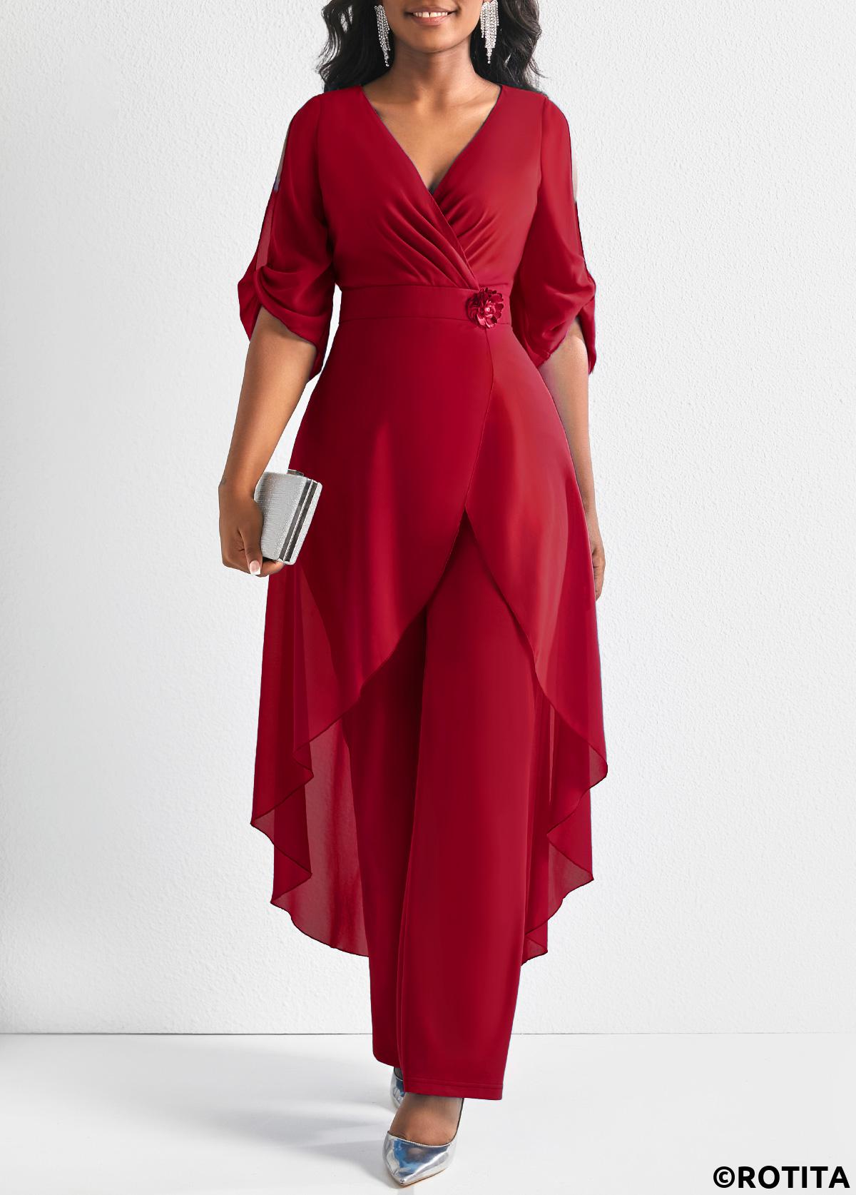Wine Red jumpsuits&rompers,Plain Color jumpsuits&rompers,ROTITA Wine Red Flower Decoration Chiffon Jumpsuit