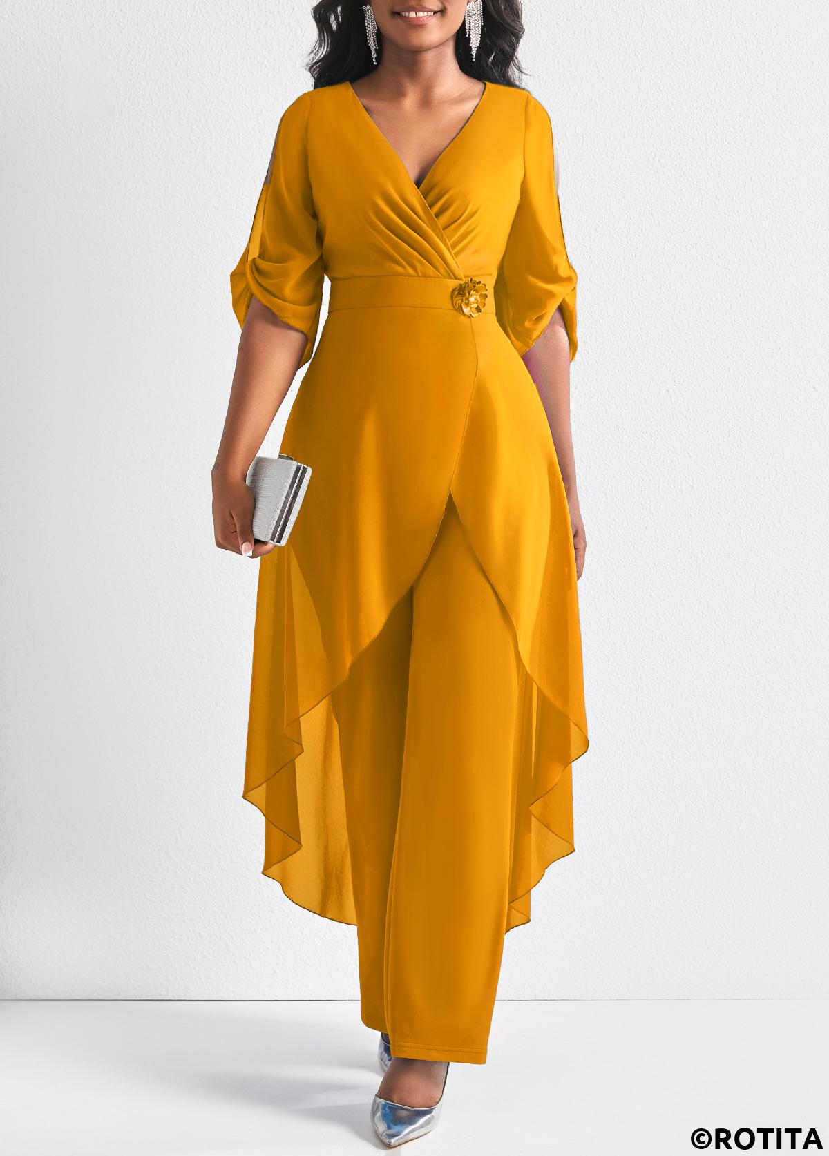 Ginger jumpsuits&rompers,Plain Color jumpsuits&rompers,ROTITA Ginger 3/4 Sleeve Flower Decoration Chiffon Jumpsuit