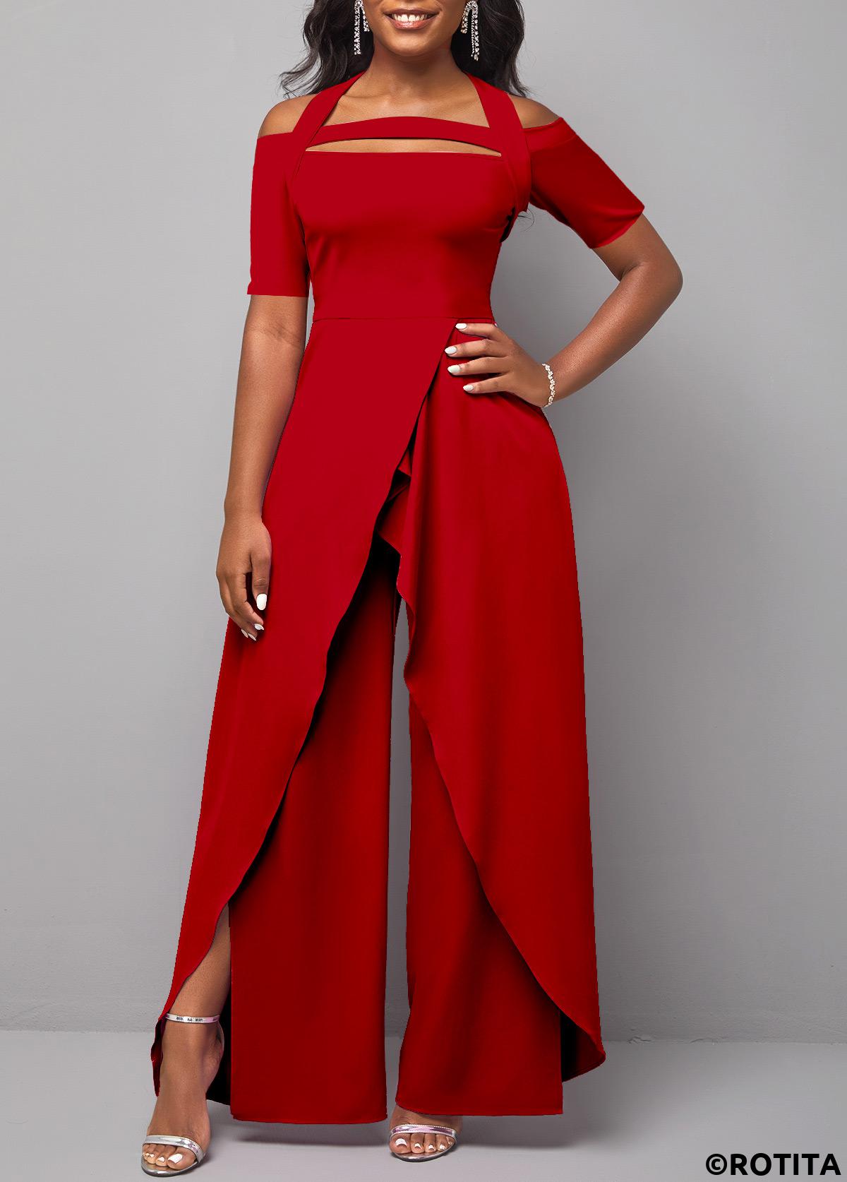 Red jumpsuits&rompers,Plain Color jumpsuits&rompers,ROTITA Split Red Long Wide Leg Tie Collar Jumpsuit