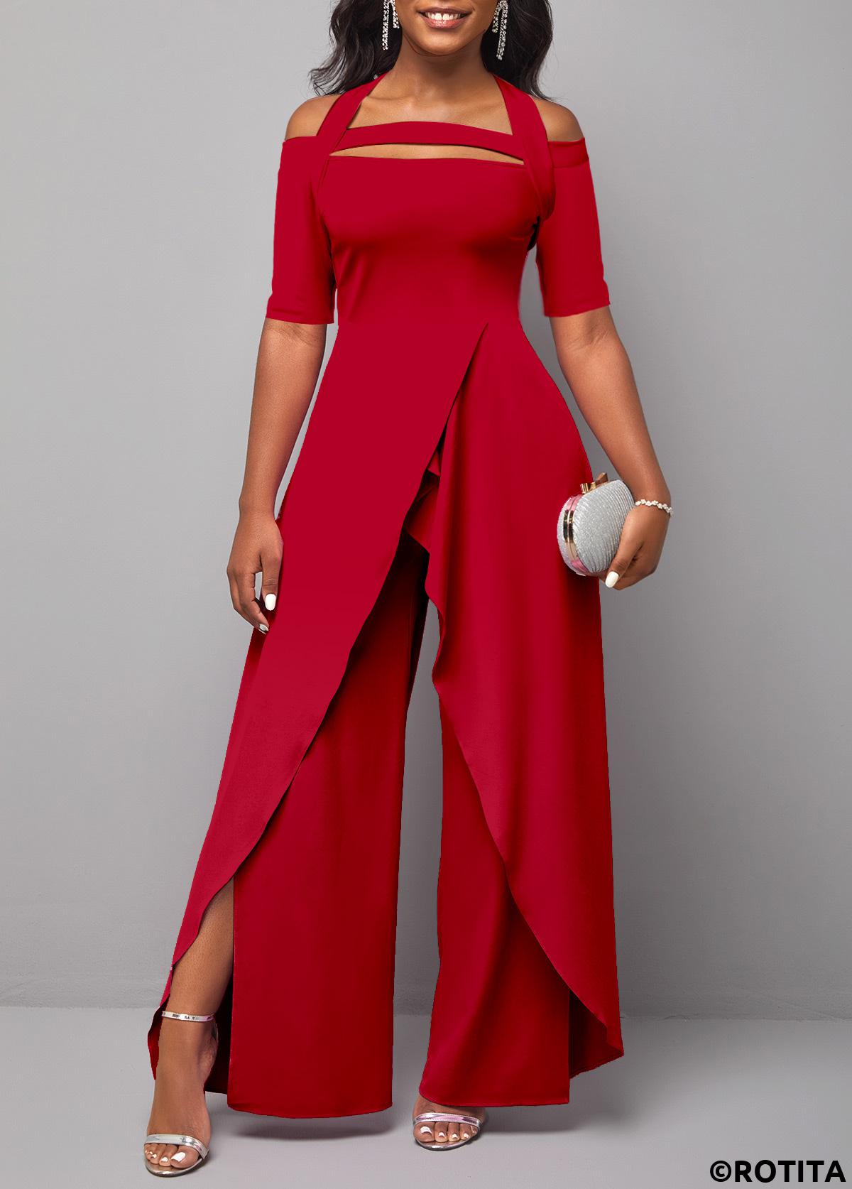 Red jumpsuits&rompers,Plain Color jumpsuits&rompers,ROTITA Split Red Long Wide Leg Tie Collar Jumpsuit