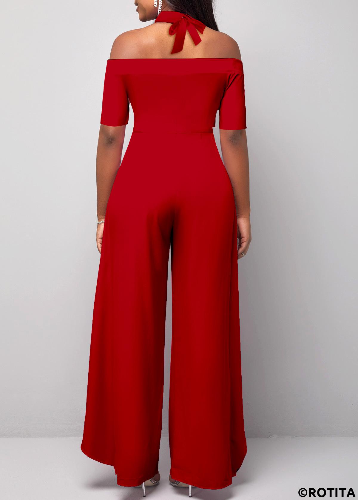 Red jumpsuits&rompers,Plain Color jumpsuits&rompers,ROTITA Split Red Long Wide Leg Tie Collar Jumpsuit