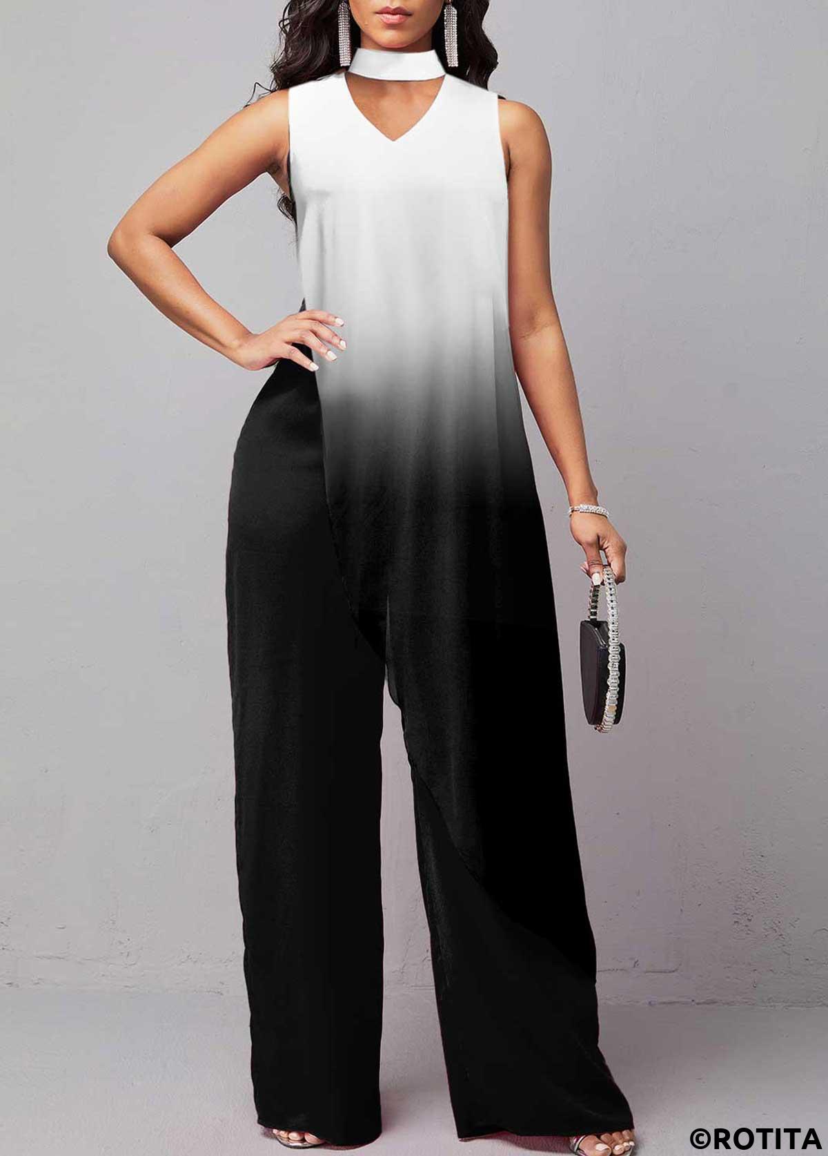 White jumpsuits&rompers,Black jumpsuits&rompers,Ombre jumpsuits&rompers,ROTITA Ombre White Long Wide Leg Stand Collar Sleeveless Jumpsuit