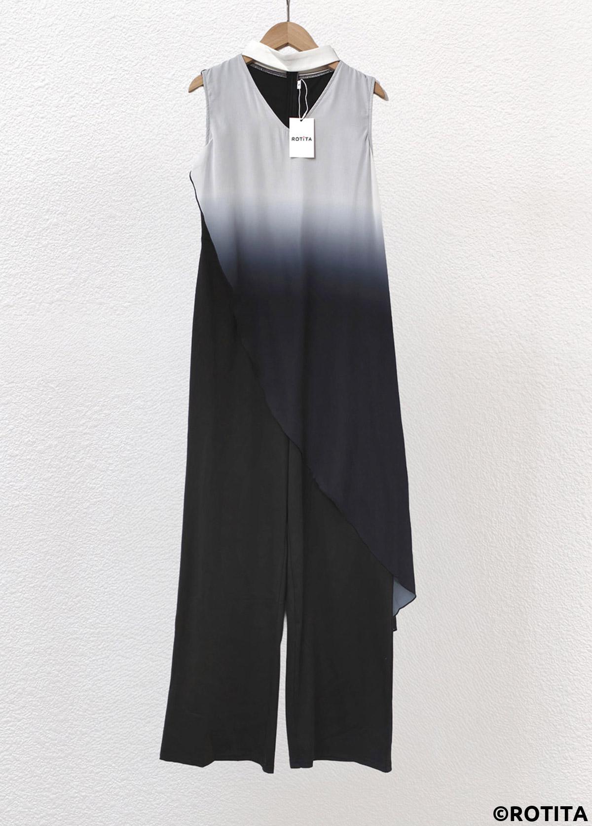 White jumpsuits&rompers,Black jumpsuits&rompers,Ombre jumpsuits&rompers,ROTITA Ombre White Long Wide Leg Stand Collar Sleeveless Jumpsuit
