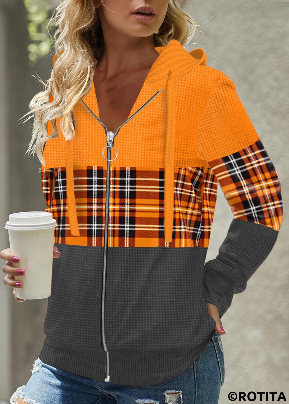 Orange tops,Plaid tops,Geometric tops,ROTITA Zipper Closure Orange Plaid Long Sleeve Hoodie