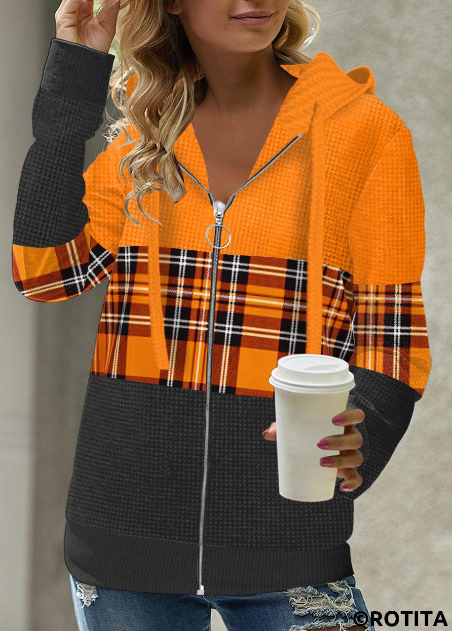 Orange tops,Plaid tops,Geometric tops,ROTITA Zipper Closure Orange Plaid Long Sleeve Hoodie