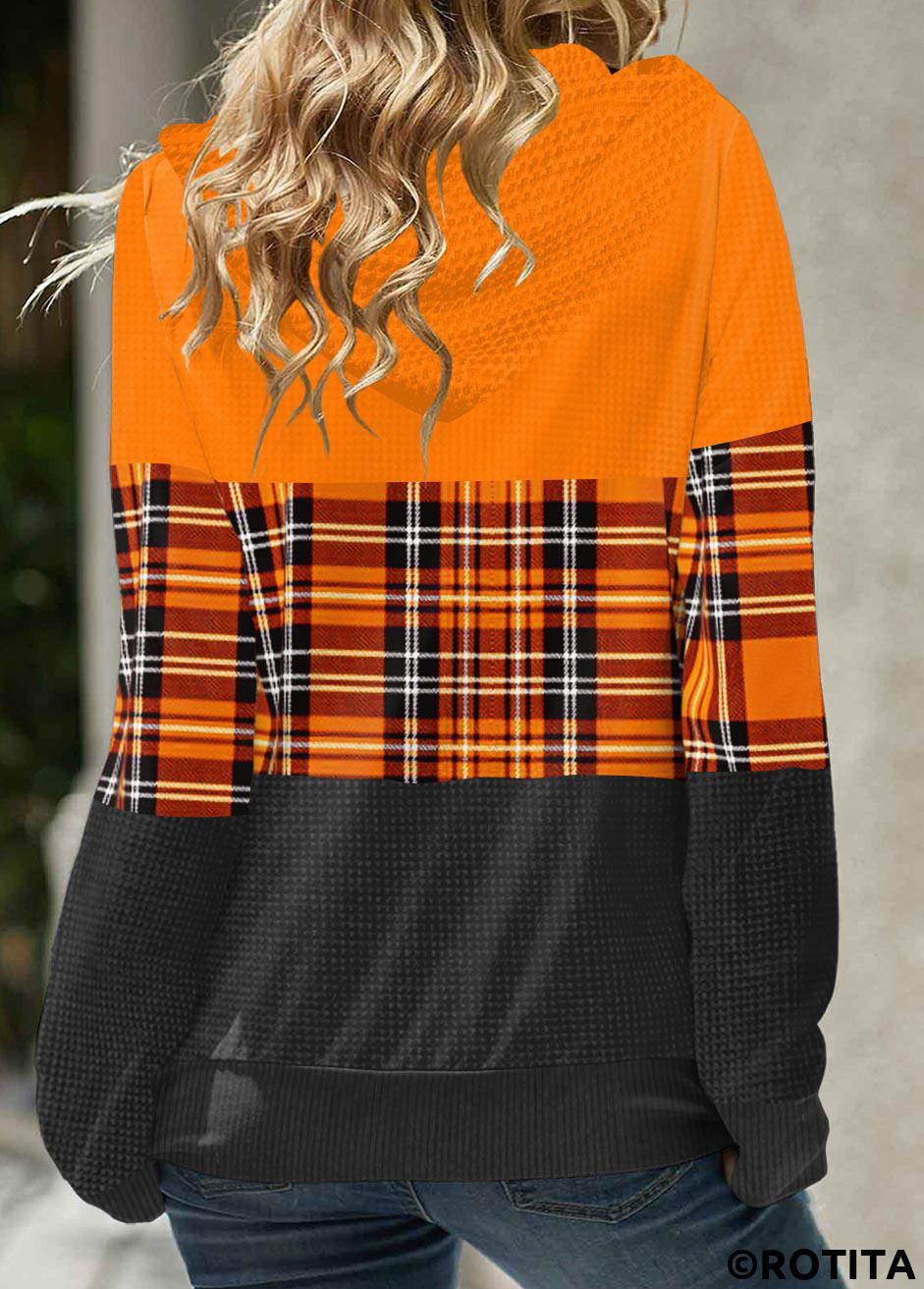Orange tops,Plaid tops,Geometric tops,ROTITA Zipper Closure Orange Plaid Long Sleeve Hoodie
