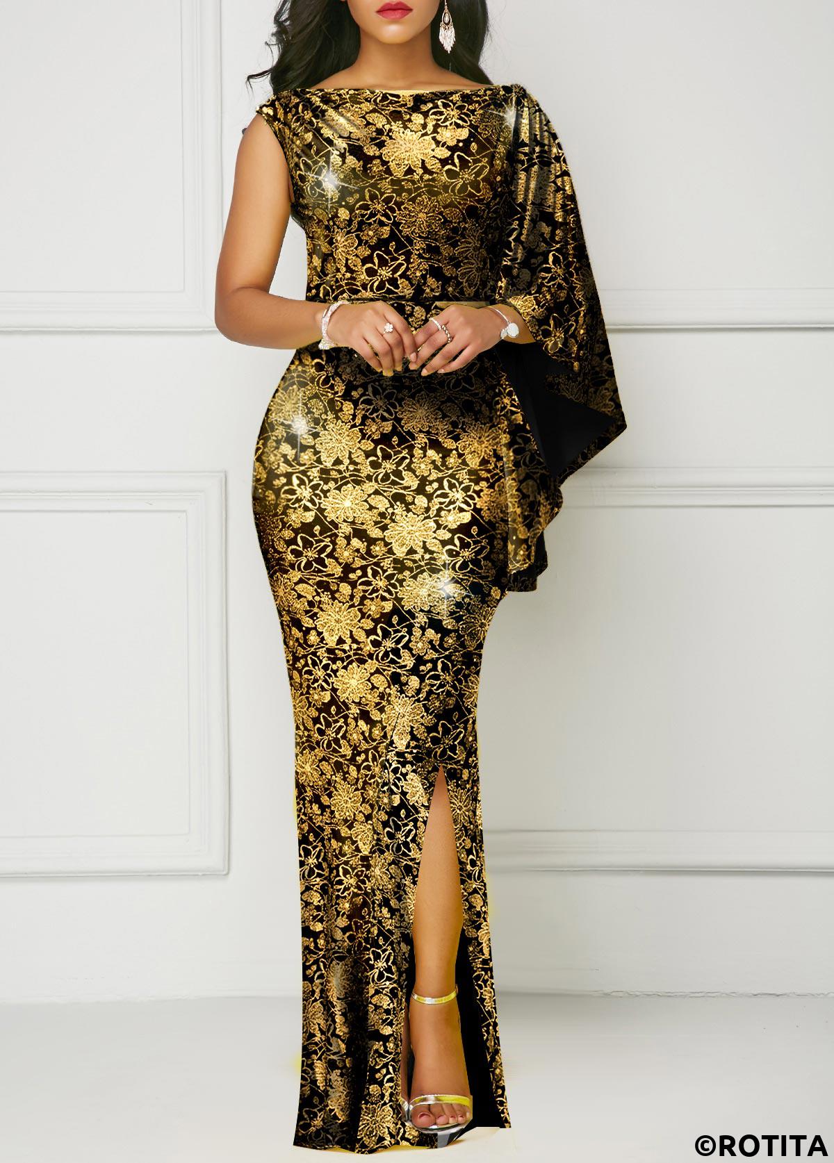 Golden dresses,Floral dresses,Party dresses,Elegant dresses,ROTITA Hot Stamping Floral Print Golden Side Slit Dress