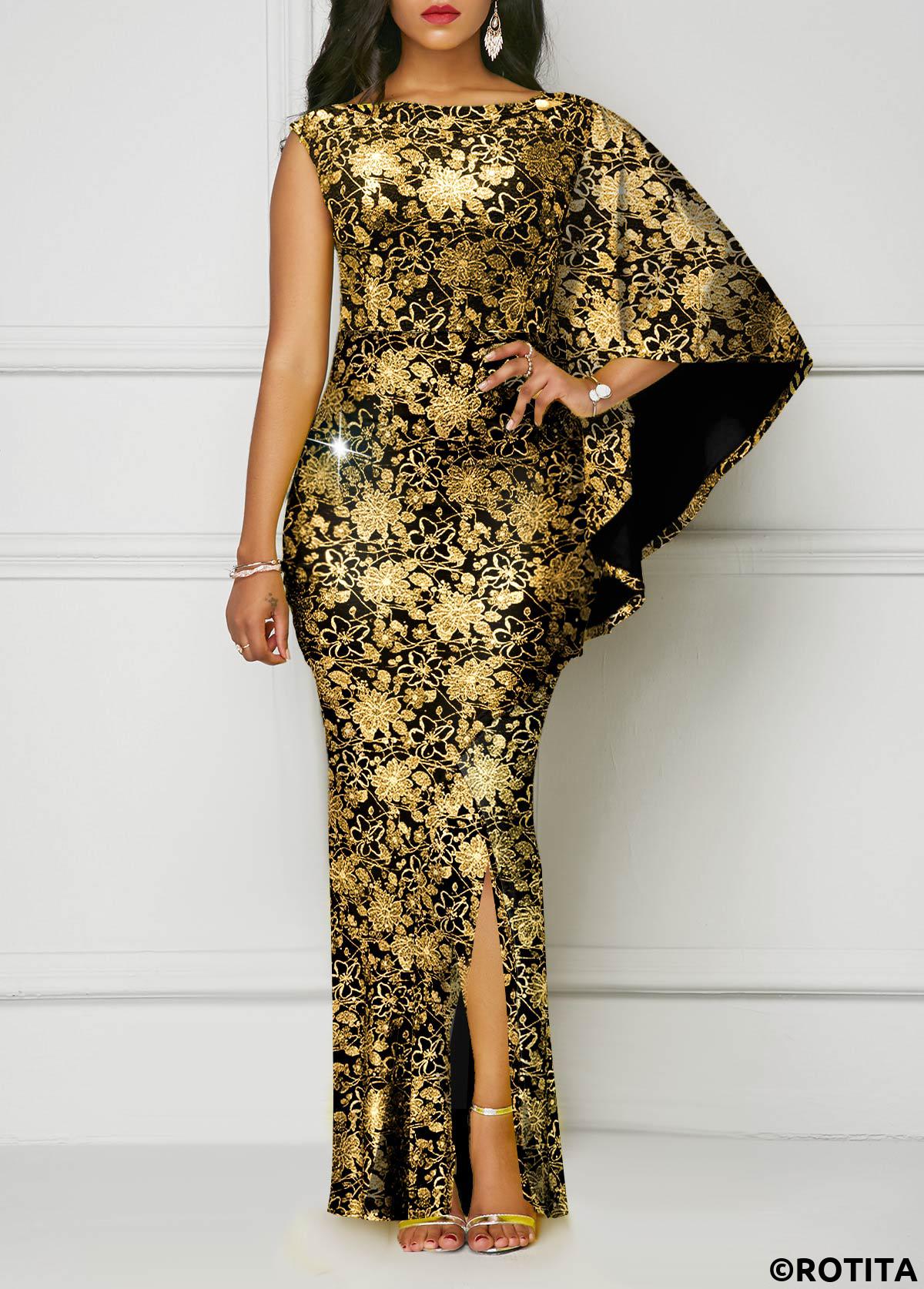 Golden dresses,Floral dresses,Party dresses,Elegant dresses,ROTITA Hot Stamping Floral Print Golden Side Slit Dress