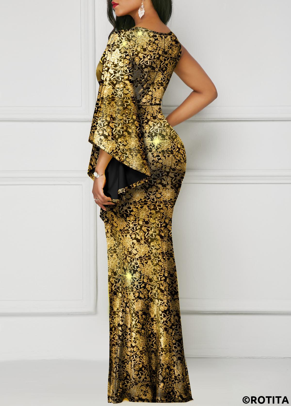 Golden dresses,Floral dresses,Party dresses,Elegant dresses,ROTITA Hot Stamping Floral Print Golden Side Slit Dress