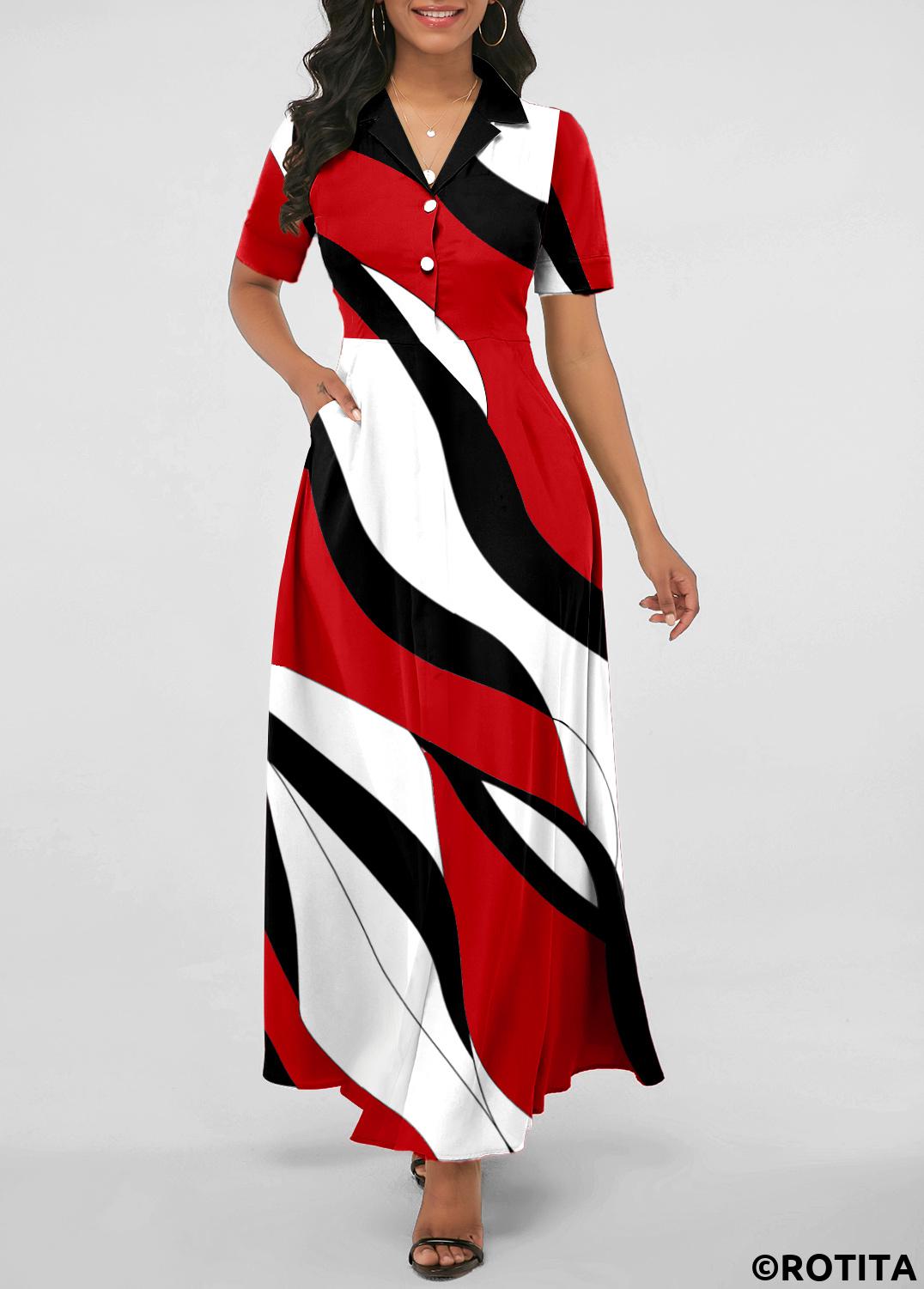 Red dresses,White dresses,Geometric dresses,Party dresses,Elegant dresses,ROTITA Pocket Geometric Print Red Lapel Maxi Dress