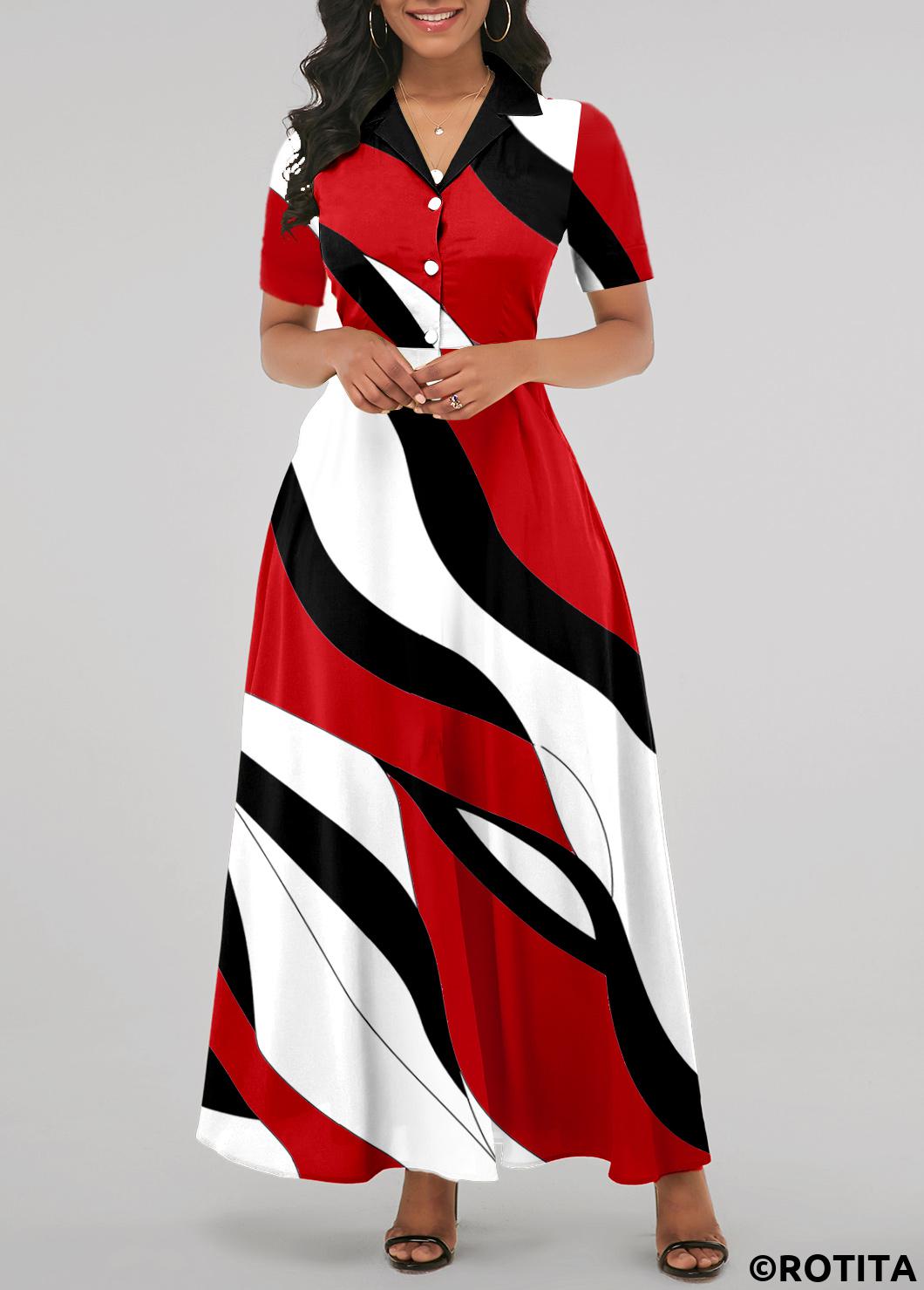 Red dresses,White dresses,Geometric dresses,Party dresses,Elegant dresses,ROTITA Pocket Geometric Print Red Lapel Maxi Dress