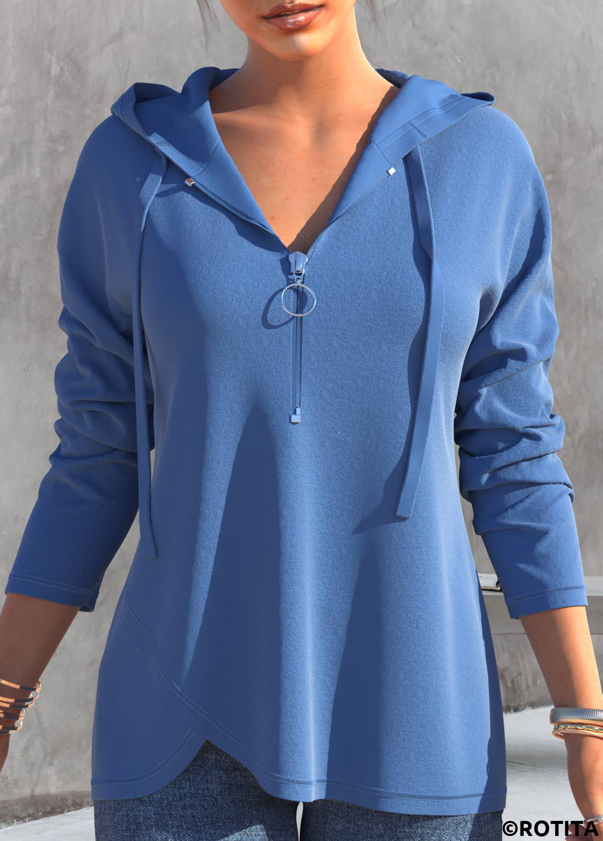 Dusty Blue tops,Plain Color tops,ROTITA Dusty Blue Drawstring Quarter Zip Long Sleeve Hoodie