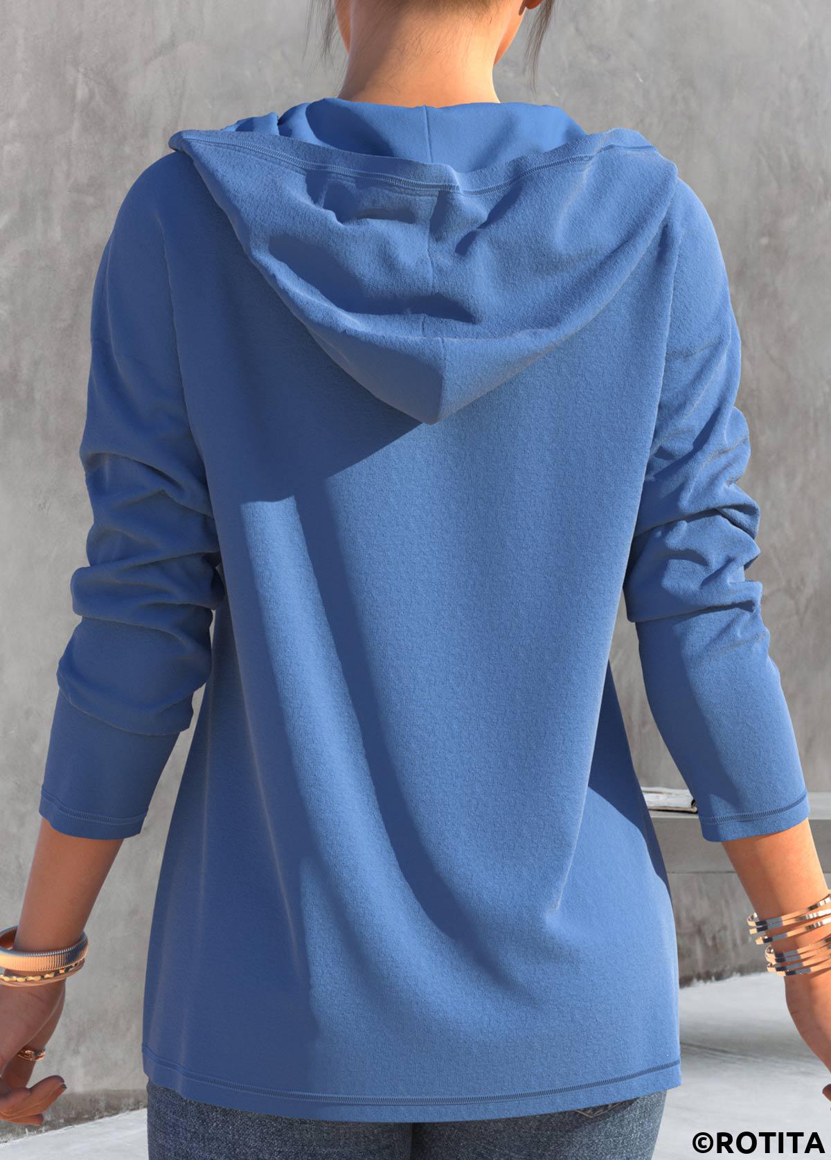 Dusty Blue tops,Plain Color tops,ROTITA Dusty Blue Drawstring Quarter Zip Long Sleeve Hoodie