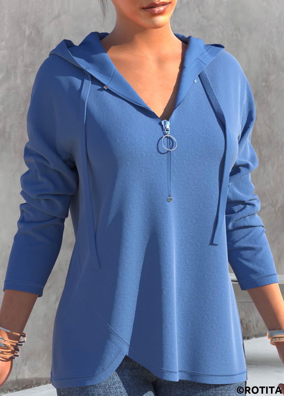 Dusty Blue tops,Plain Color tops,ROTITA Dusty Blue Drawstring Quarter Zip Long Sleeve Hoodie
