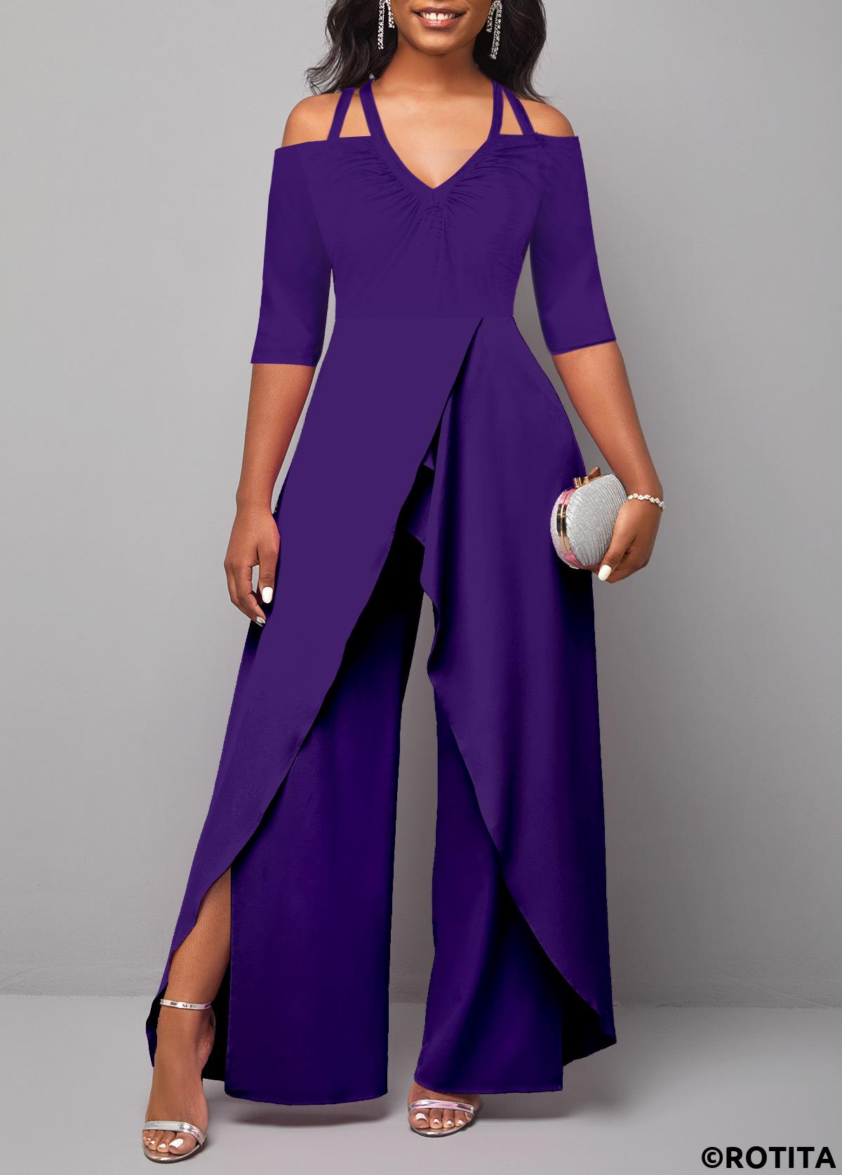 Purple jumpsuits&rompers,Plain Color jumpsuits&rompers,ROTITA Purple Ankle Length Wide Leg Off Shoulder Jumpsuit
