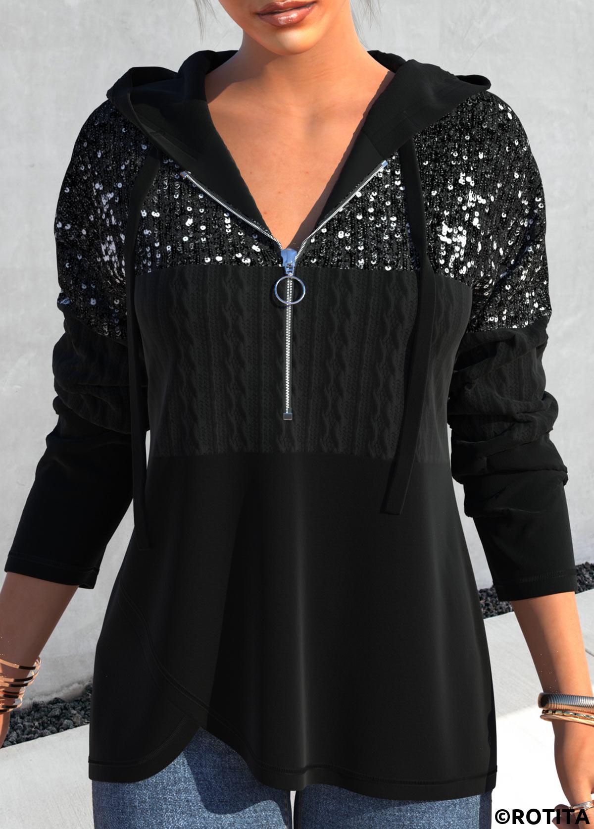 Black tops,Plain Color tops,ROTITA Asymmetric Hem Black Sequin Long Sleeve Hoodie