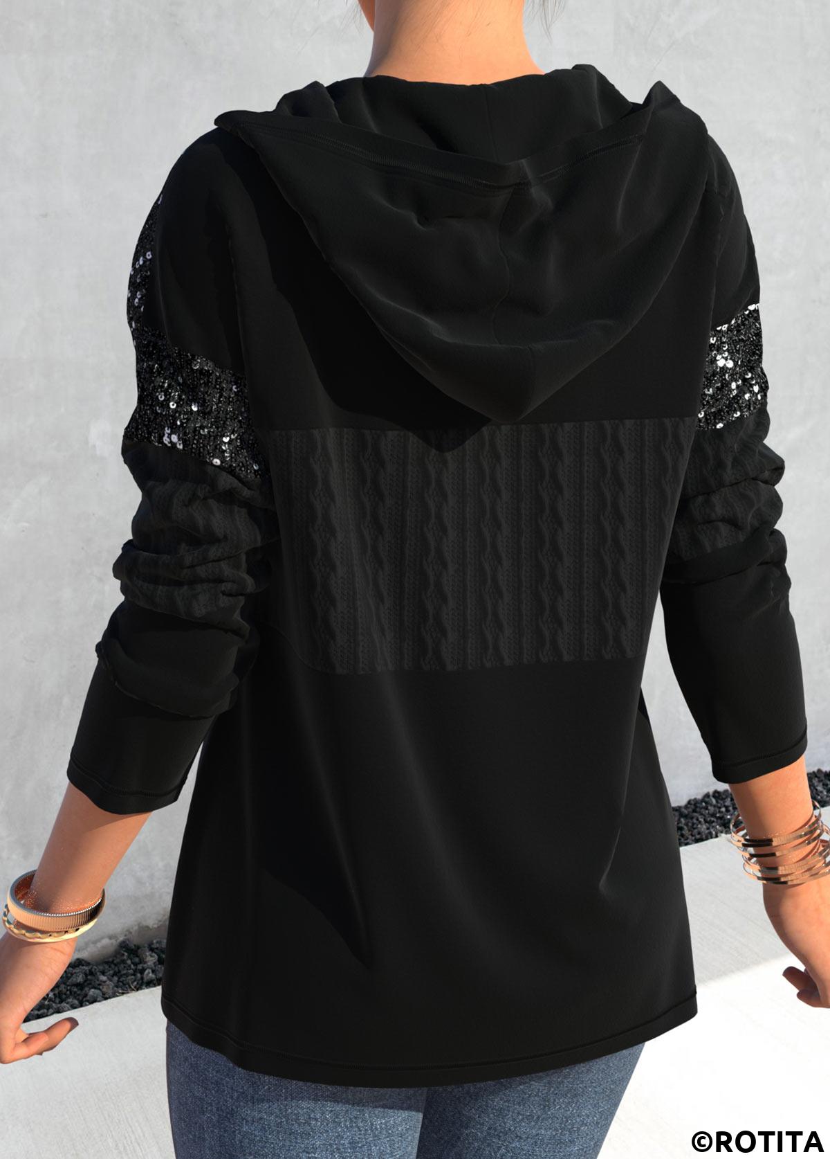 Black tops,Plain Color tops,ROTITA Asymmetric Hem Black Sequin Long Sleeve Hoodie