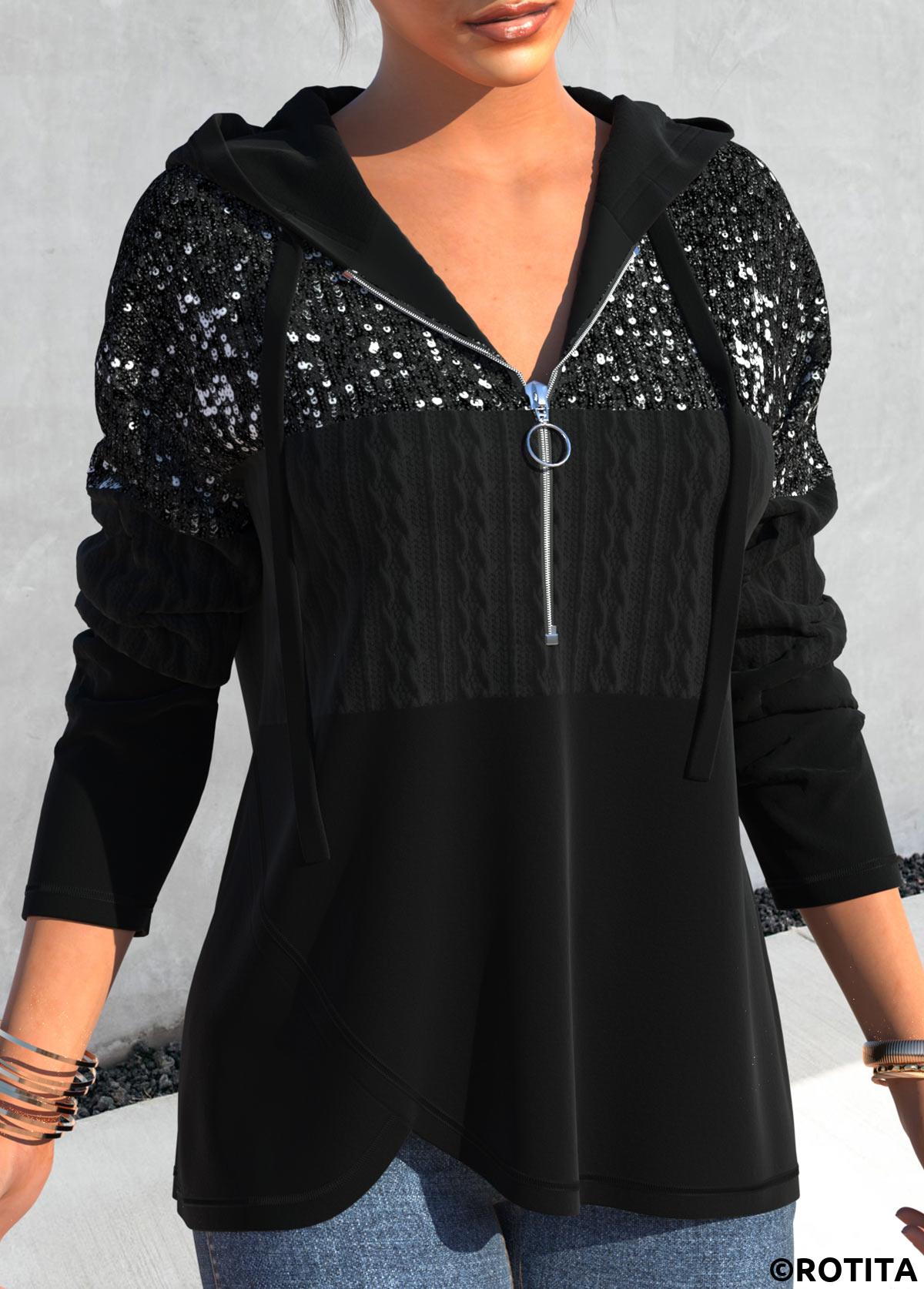 Black tops,Plain Color tops,ROTITA Asymmetric Hem Black Sequin Long Sleeve Hoodie