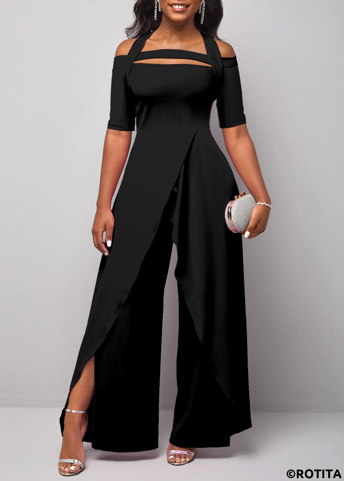 Black jumpsuits&rompers,Plain Color jumpsuits&rompers,ROTITA Cut Out Black Long Straight Leg Halter Jumpsuit