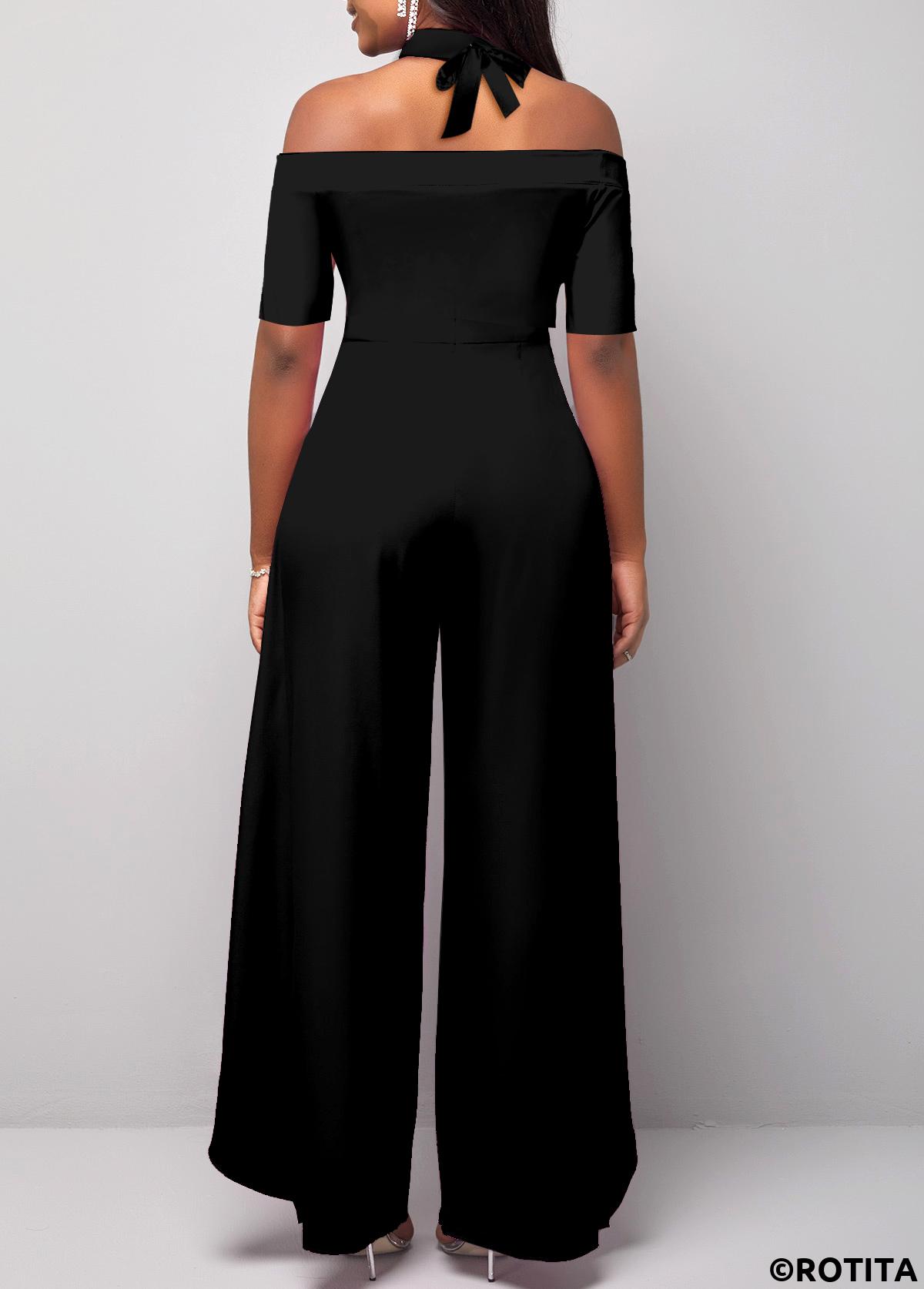 Black jumpsuits&rompers,Plain Color jumpsuits&rompers,ROTITA Cut Out Black Long Straight Leg Halter Jumpsuit