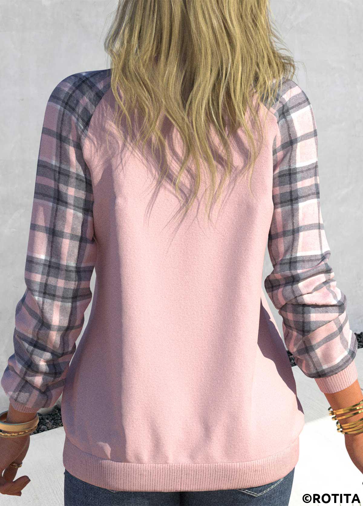 Dusty Pink tops,Plaid tops,Geometric tops,ROTITA Tartan Print Dusty Pink V Neck Sweatshirt