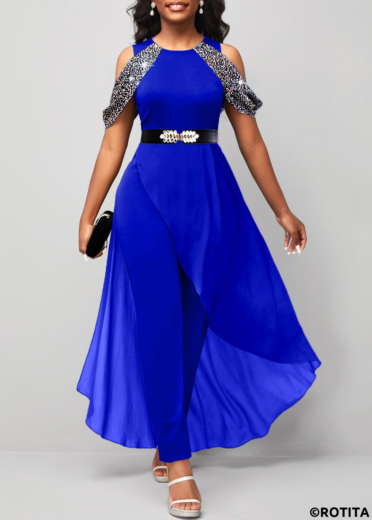 Royal Blue jumpsuits&rompers,Plain Color jumpsuits&rompers,ROTITA Hot Stamping Sapphire Blue Cold Shoulder Skinny Jumpsuit