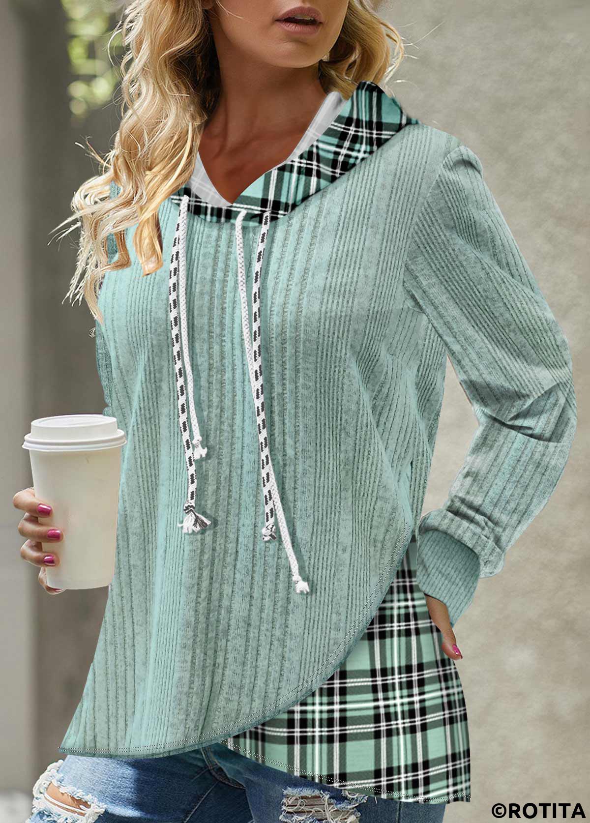 Light Green tops,Plaid tops,Geometric tops,Striped tops,ROTITA Cross Hem Tartan Print Light Green Hoodie