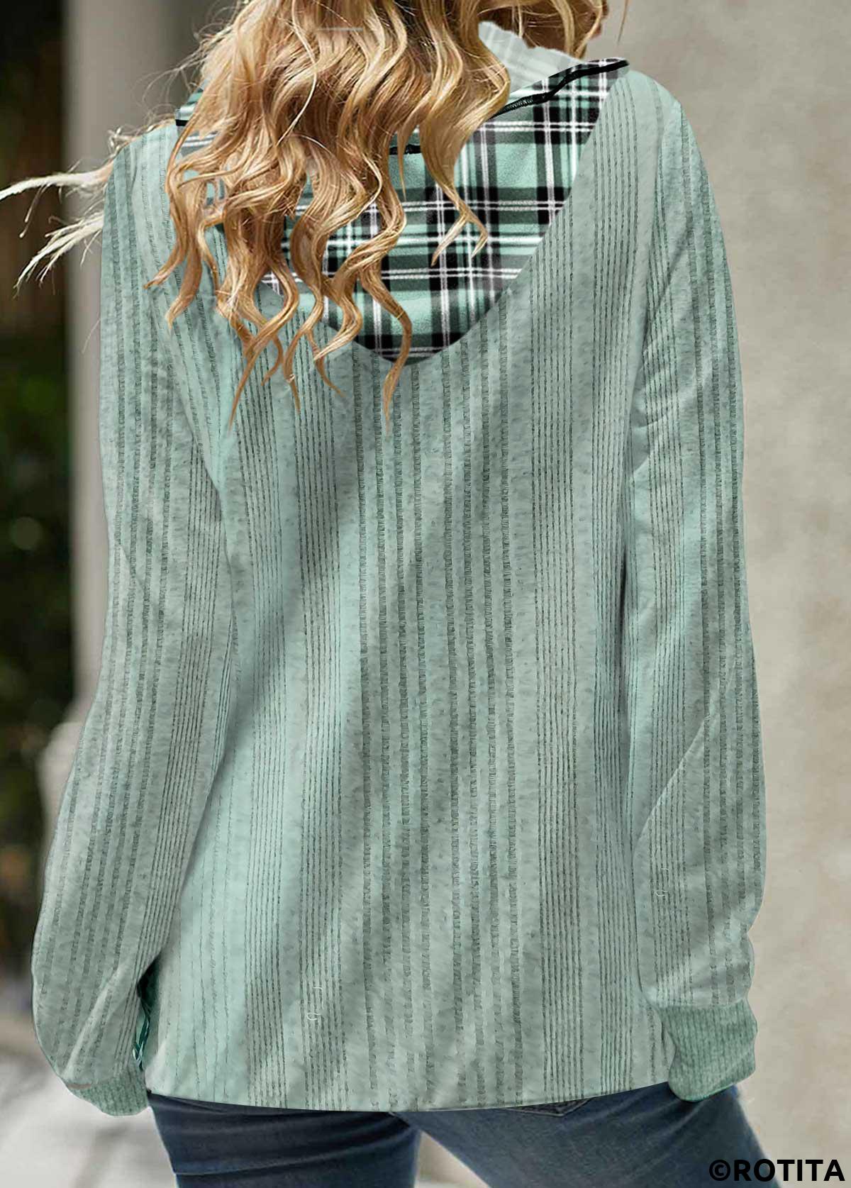 Light Green tops,Plaid tops,Geometric tops,Striped tops,ROTITA Cross Hem Tartan Print Light Green Hoodie