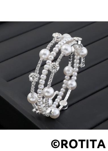 Silvery White jewelry,Silvery White Rhinestone Detail Pearl Bangle