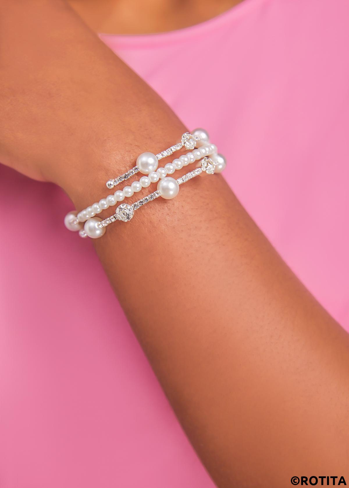 Silvery White jewelry,Silvery White Rhinestone Detail Pearl Bangle
