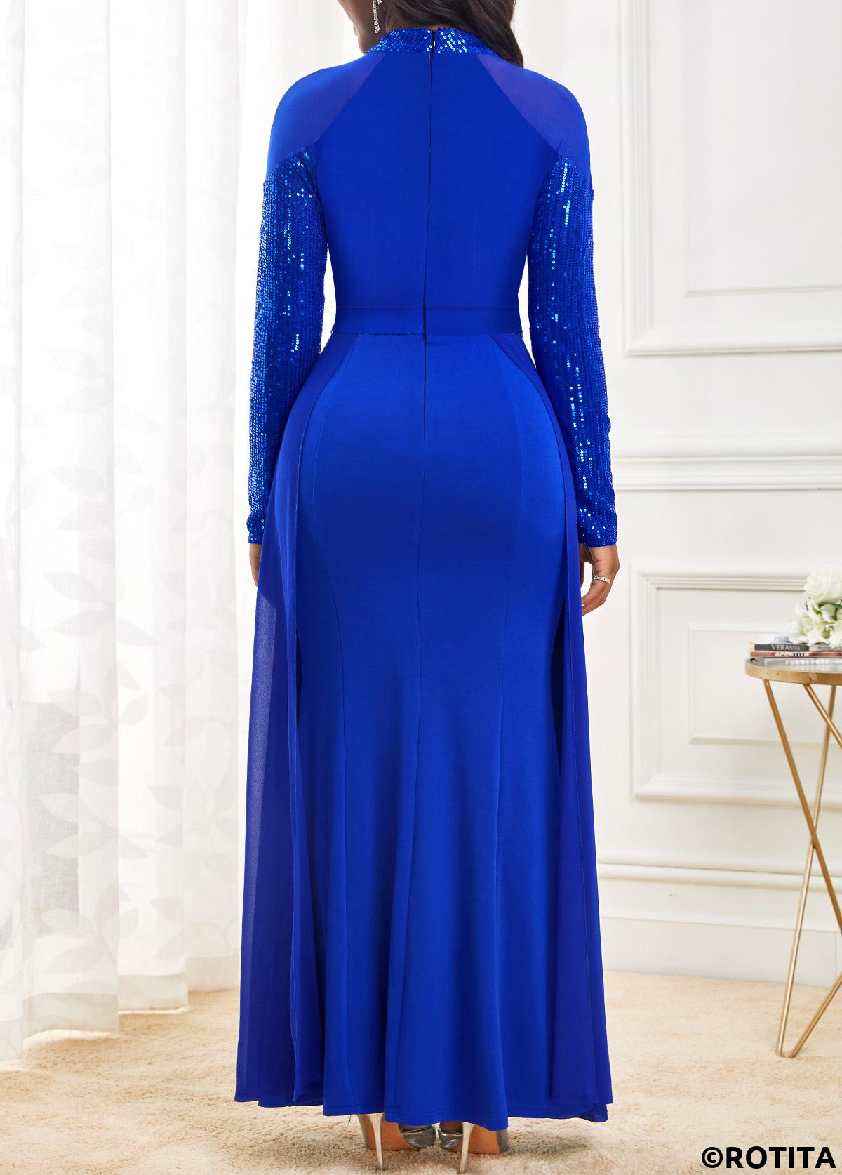 Royal Blue dresses,Plain Color dresses,Party dresses,Elegant dresses,ROTITA Shinning Sapphire Blue Stand Collar Maxi Dress