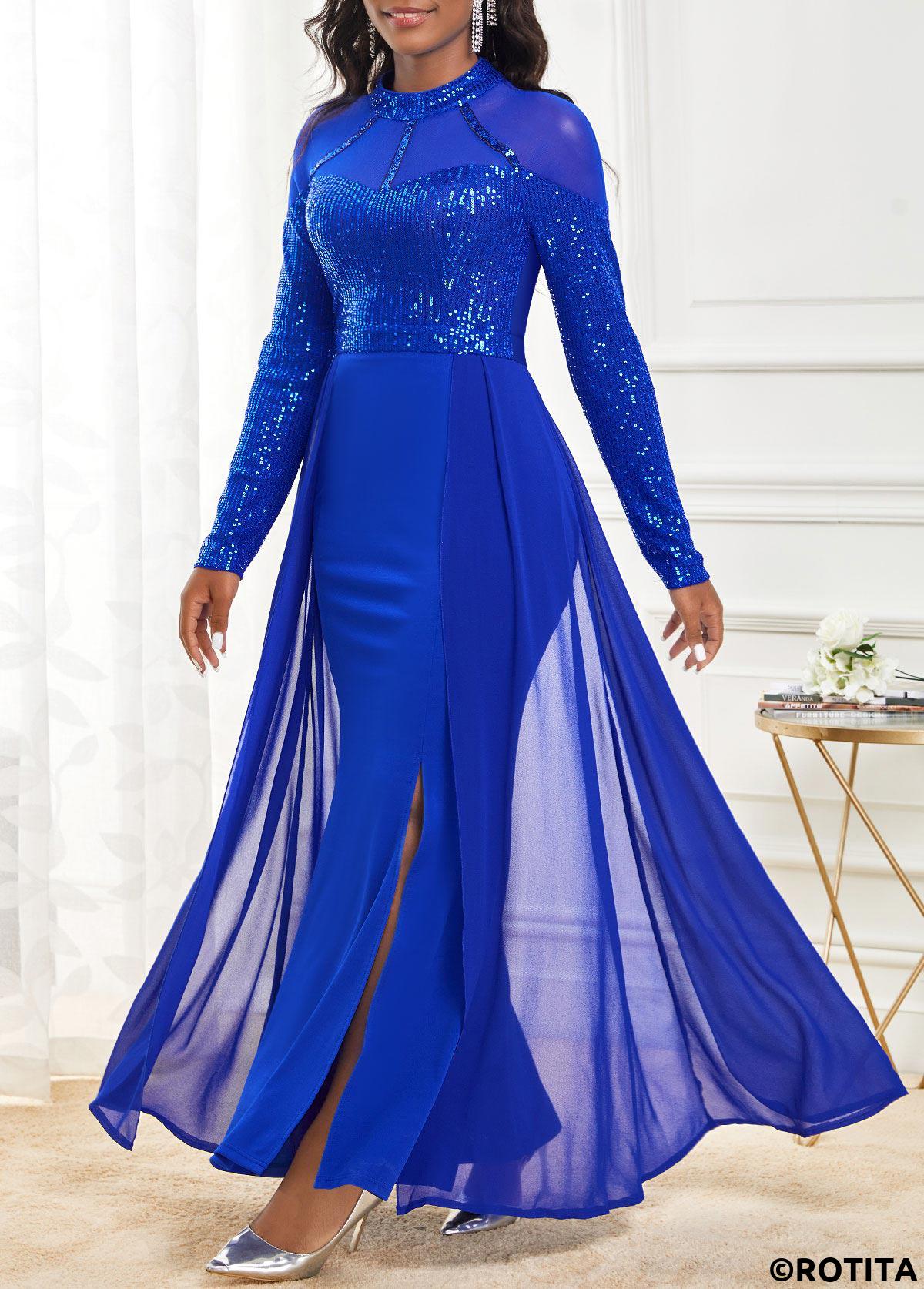 Royal Blue dresses,Plain Color dresses,Party dresses,Elegant dresses,ROTITA Shinning Sapphire Blue Stand Collar Maxi Dress