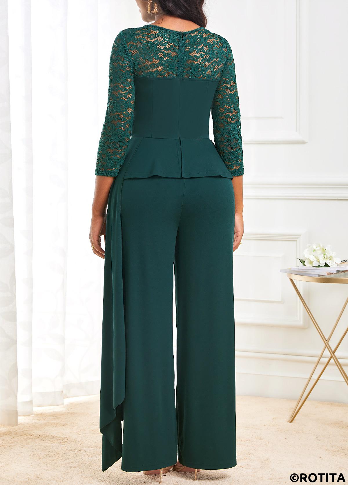Blackish Green jumpsuits&rompers,Plain Color jumpsuits&rompers,ROTITA Lace Blackish Green Long Straight Leg Boat Neck Jumpsuit