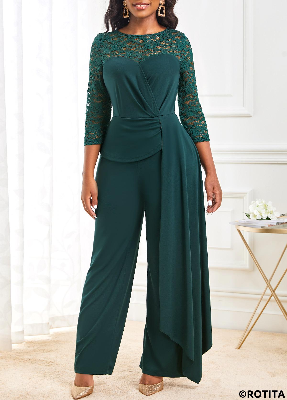 Blackish Green jumpsuits&rompers,Plain Color jumpsuits&rompers,ROTITA Lace Blackish Green Long Straight Leg Boat Neck Jumpsuit