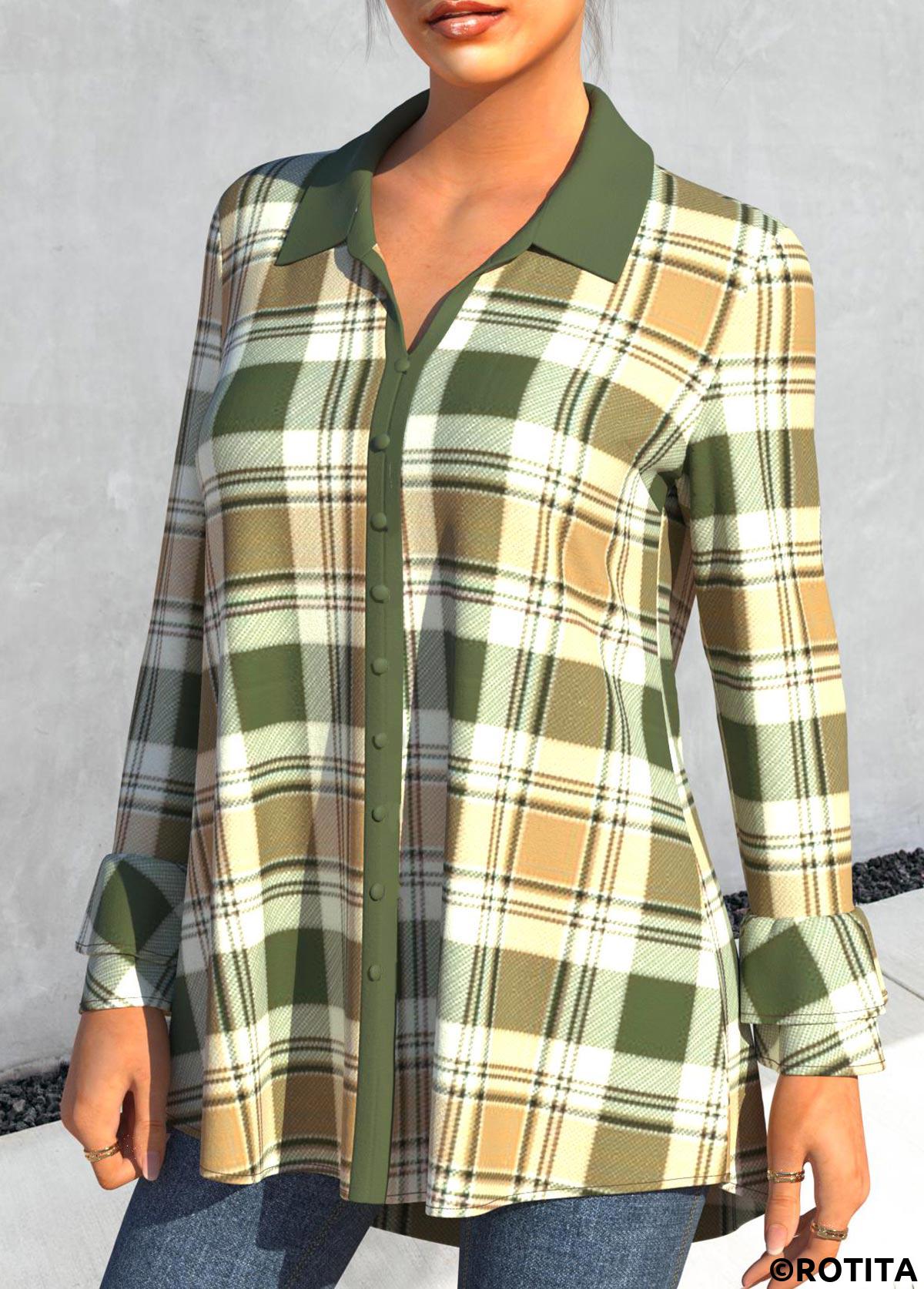 Green tops,Plaid tops,ROTITA Turndown Collar Plaid Green Long Sleeve Blouse