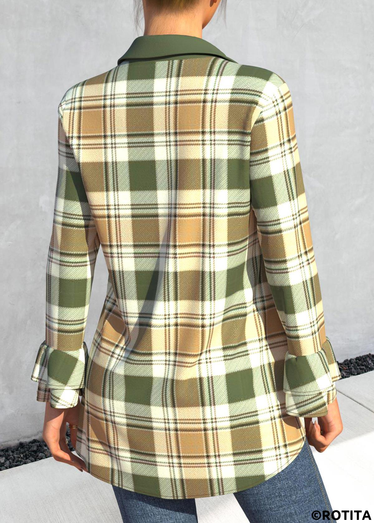 Green tops,Plaid tops,ROTITA Turndown Collar Plaid Green Long Sleeve Blouse