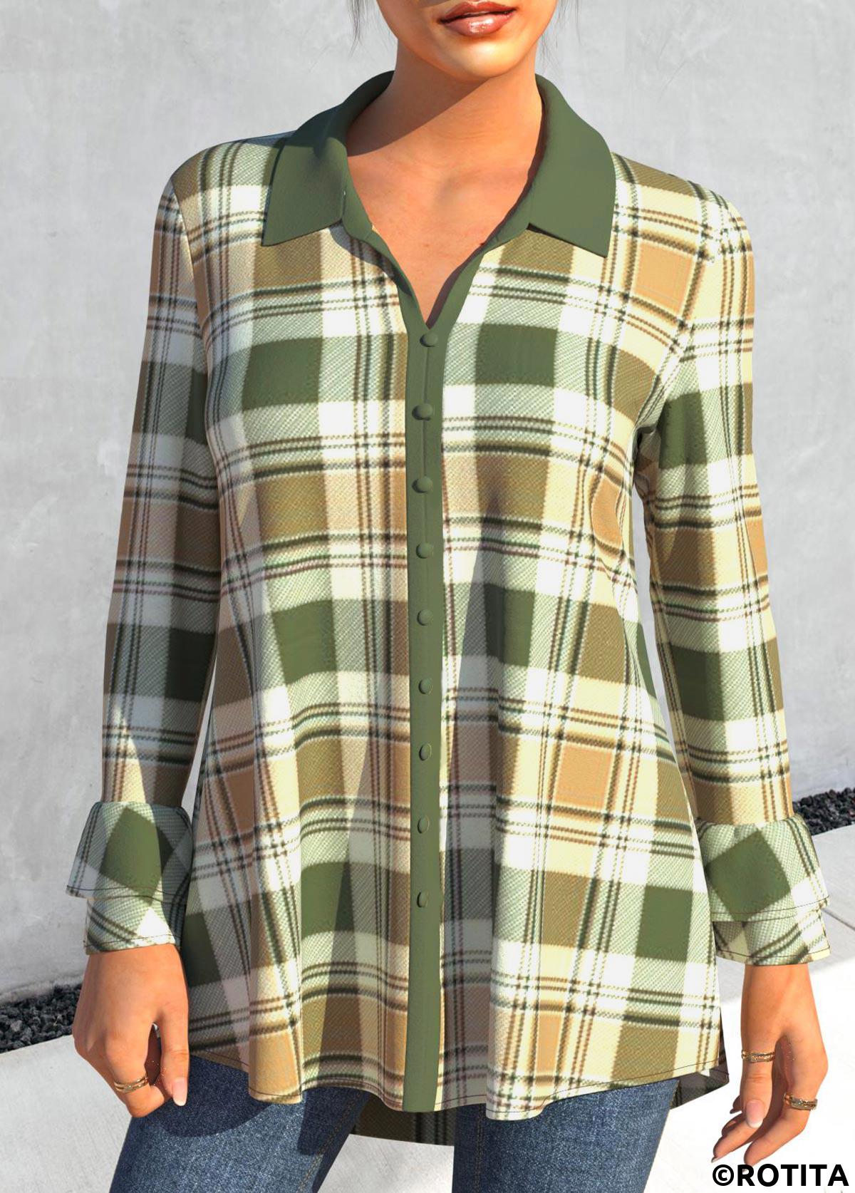 Green tops,Plaid tops,ROTITA Turndown Collar Plaid Green Long Sleeve Blouse