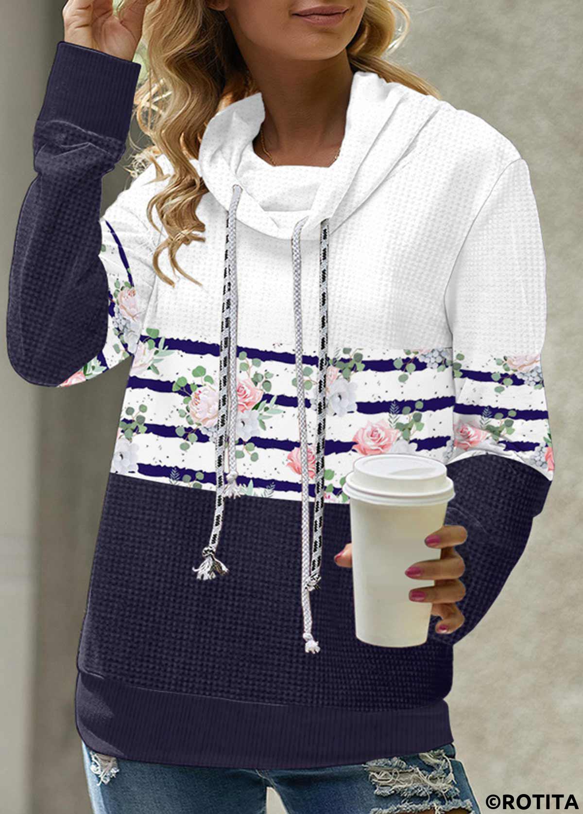Navy tops,Floral tops,ROTITA Floral Print Cowl Neck Navy Sweatshirt