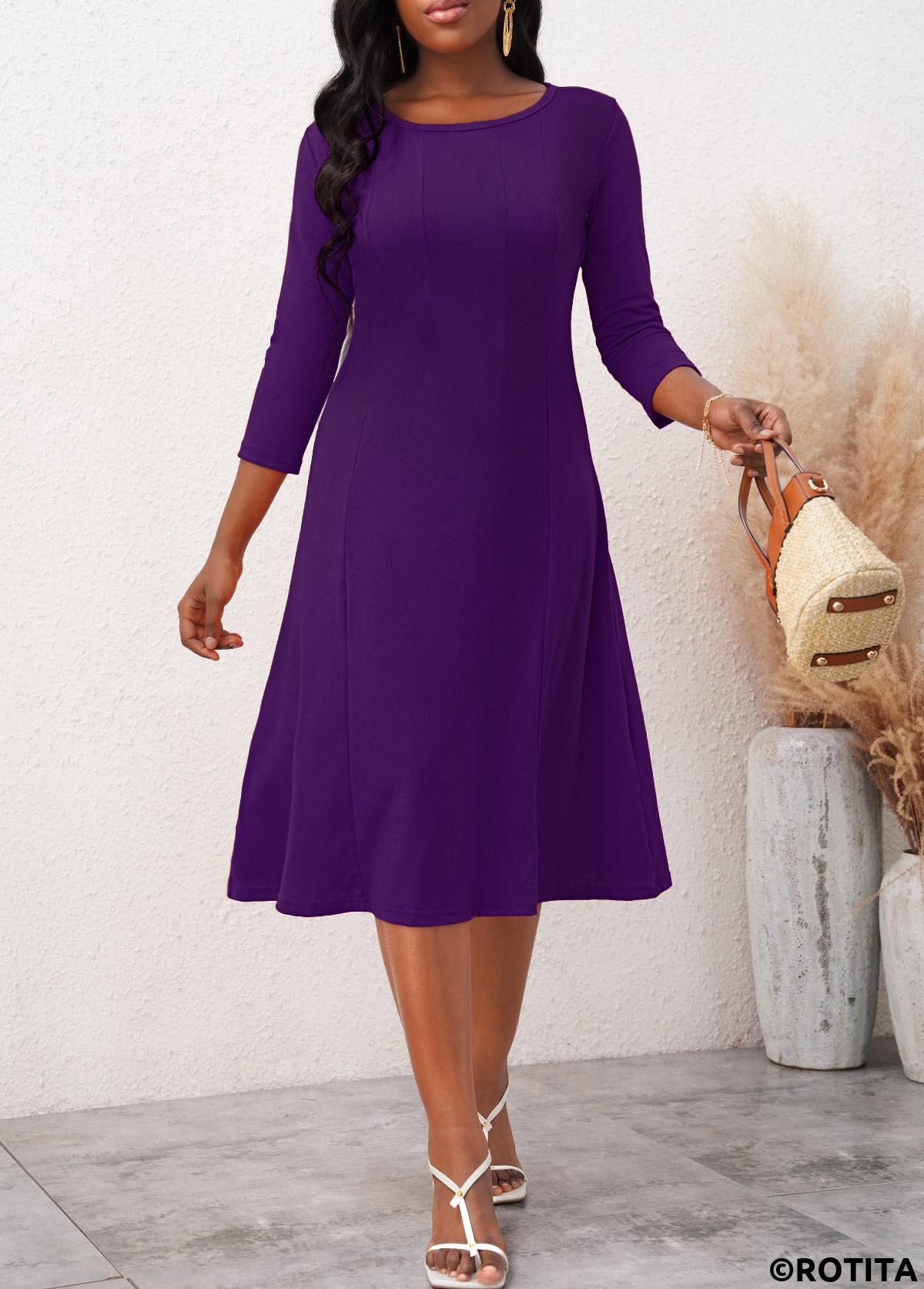 Purple dresses,Plain Color dresses,Everyday dresses,Casual dresses,ROTITA 3/4 Sleeve Purple Round Neck Dress