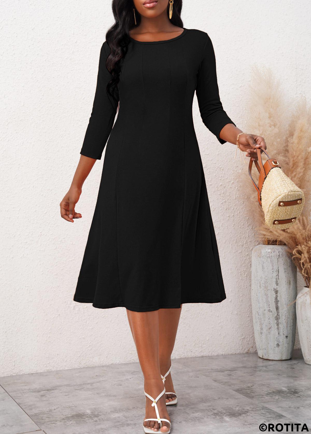 Black dresses,Plain Color dresses,Everyday dresses,Casual dresses,ROTITA 3/4 Sleeve Black Round Neck Dress