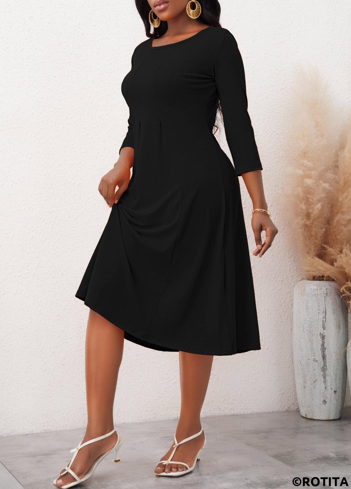 Black dresses,Plain Color dresses,Everyday dresses,Casual dresses,ROTITA Black Round Neck 3/4 Sleeve Dress