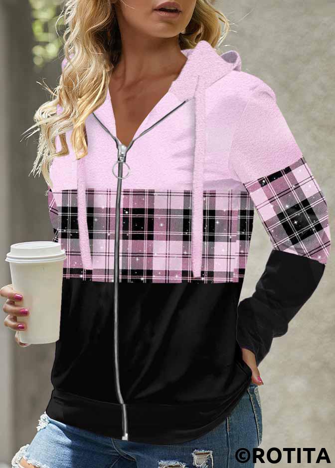Light Purple tops,Plaid tops,Geometric tops,ROTITA Tartan Print Light Purple Long Sleeve Hoodie