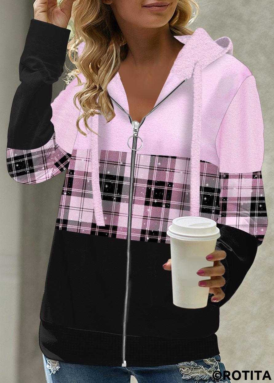Light Purple tops,Plaid tops,Geometric tops,ROTITA Tartan Print Light Purple Long Sleeve Hoodie