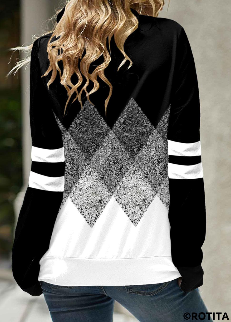 Black tops,Geometric tops,ROTITA Geometric Print Black Cowl Neck Long Sleeve Sweatshirt